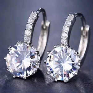 NEW SOLITAIRE 925 STERLING SILVER DIAMOND HOOP EARRINGS